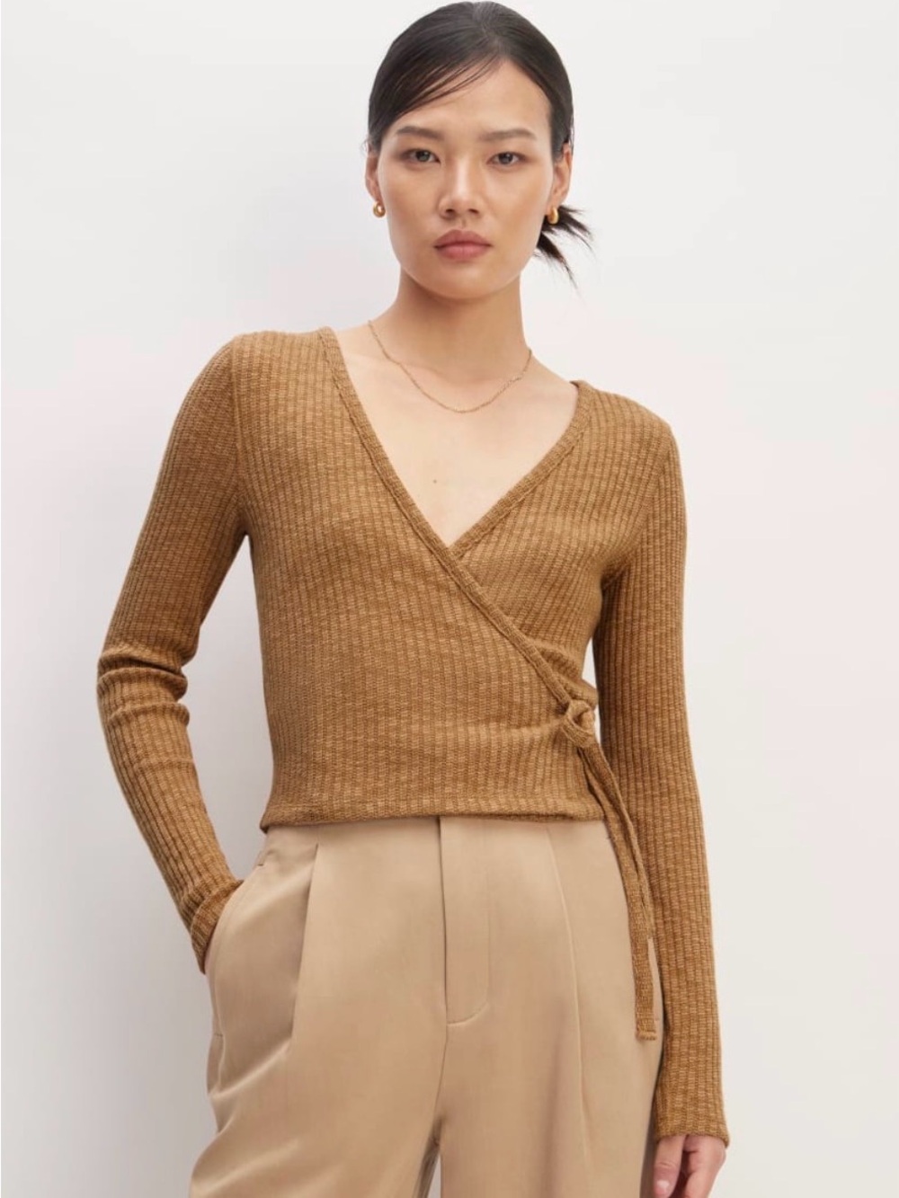 Everlane cozy rib wrap top cappuccino brown size medium